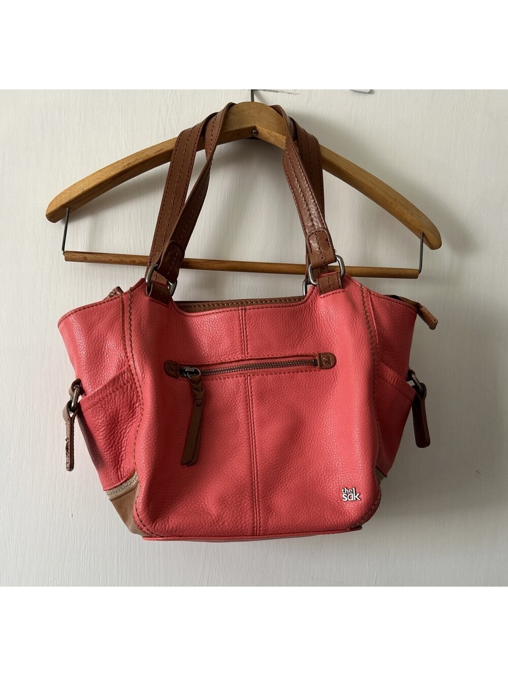 The Sak "Kendra" Satchel Coral/Tan Medium Leather Shoulder Bag Double Handle